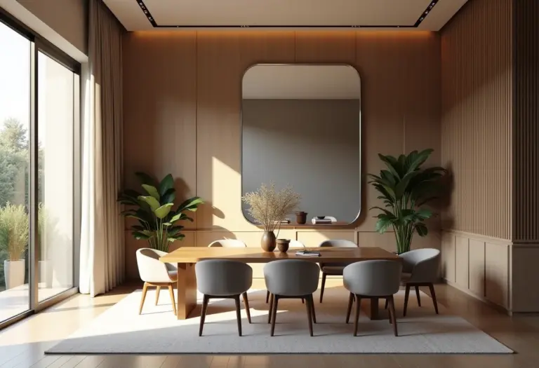 Sala de jantar elegante com espelho amplo