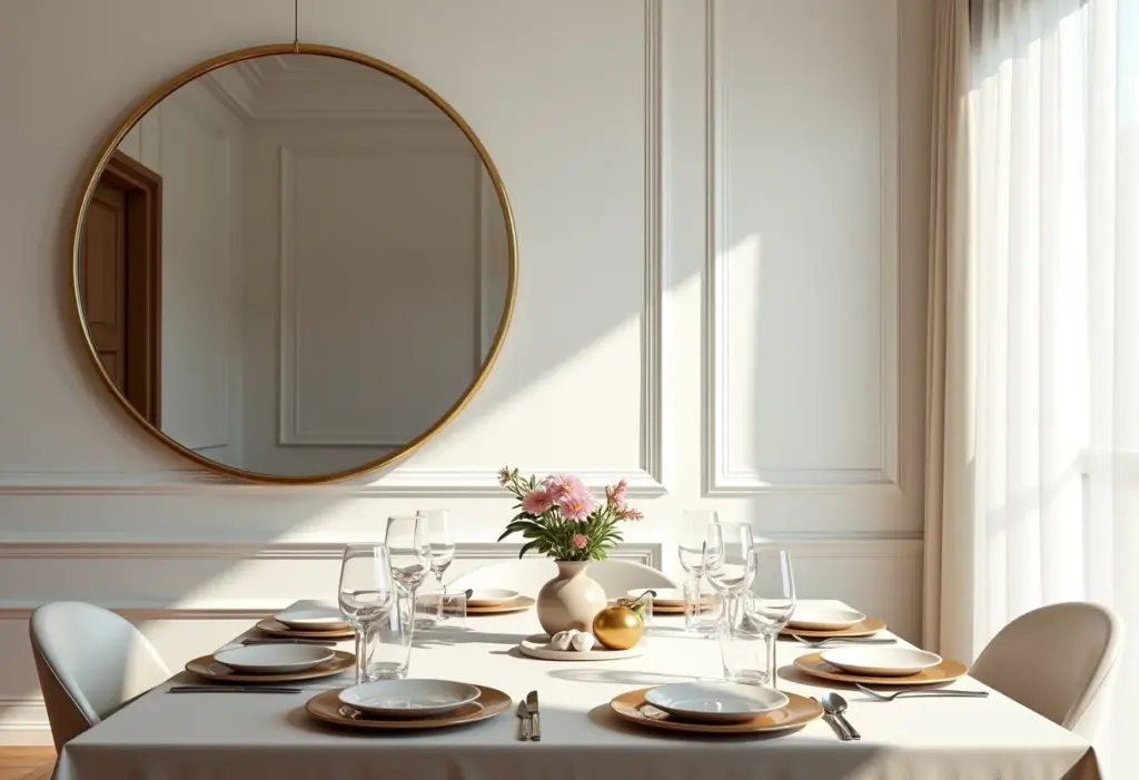 Sala de jantar com espelho: 5 erros que você deve evitar Sala de jantar elegante com espelho amplo refletindo mesa bem posta.