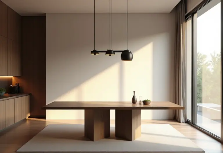 Sala de jantar elegante com luminária pendente moderna.