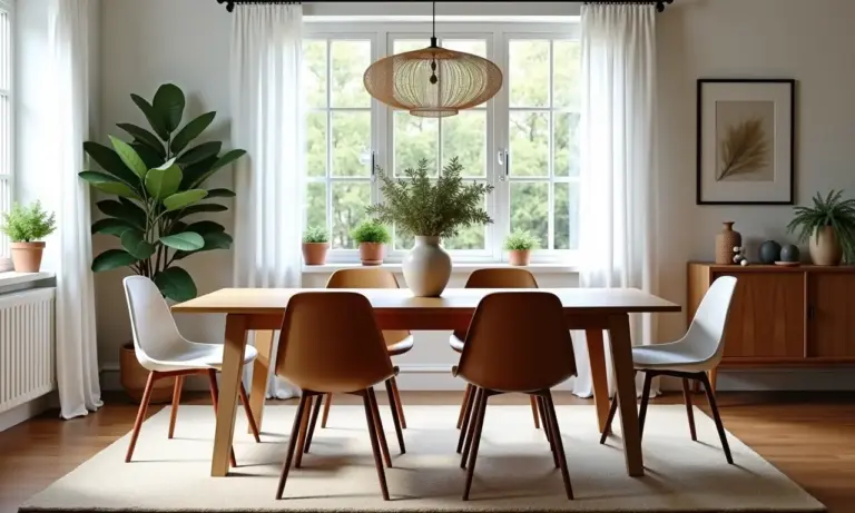 Sala de jantar iluminada com diversos modelos de cadeiras.