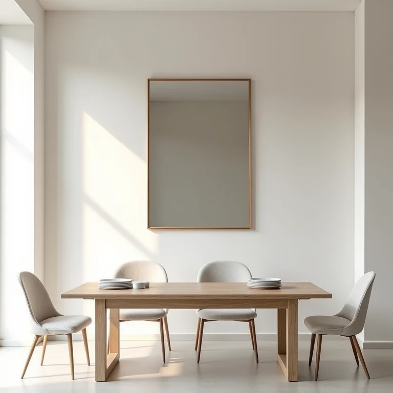 Sala de jantar moderna e minimalista com espelho retangular