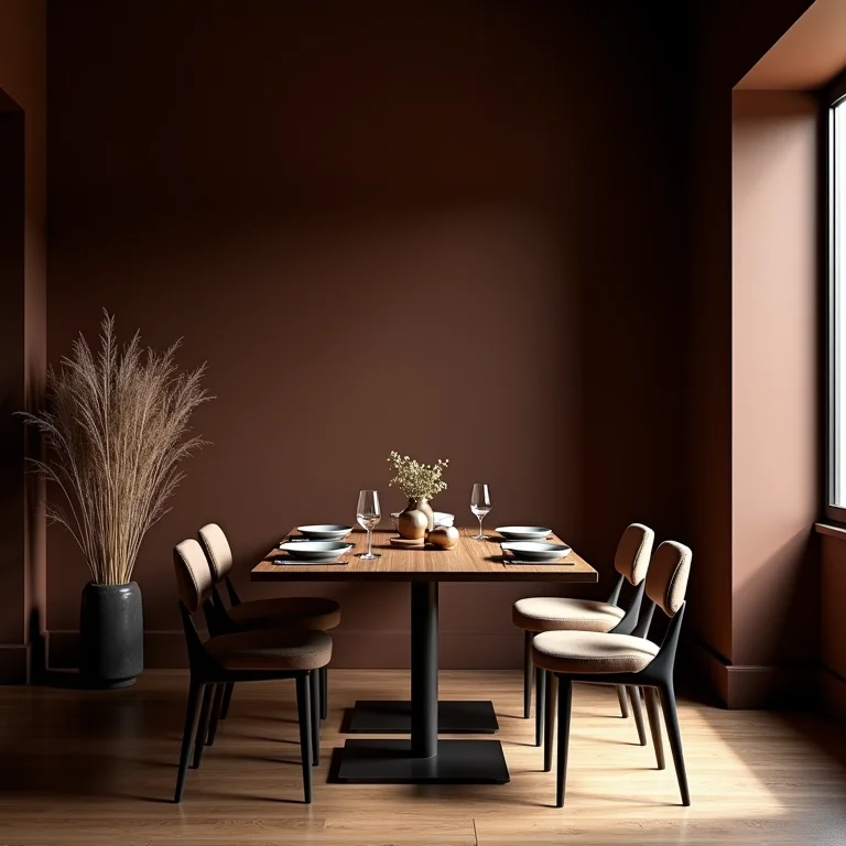 Sala de jantar pequena com paredes escuras