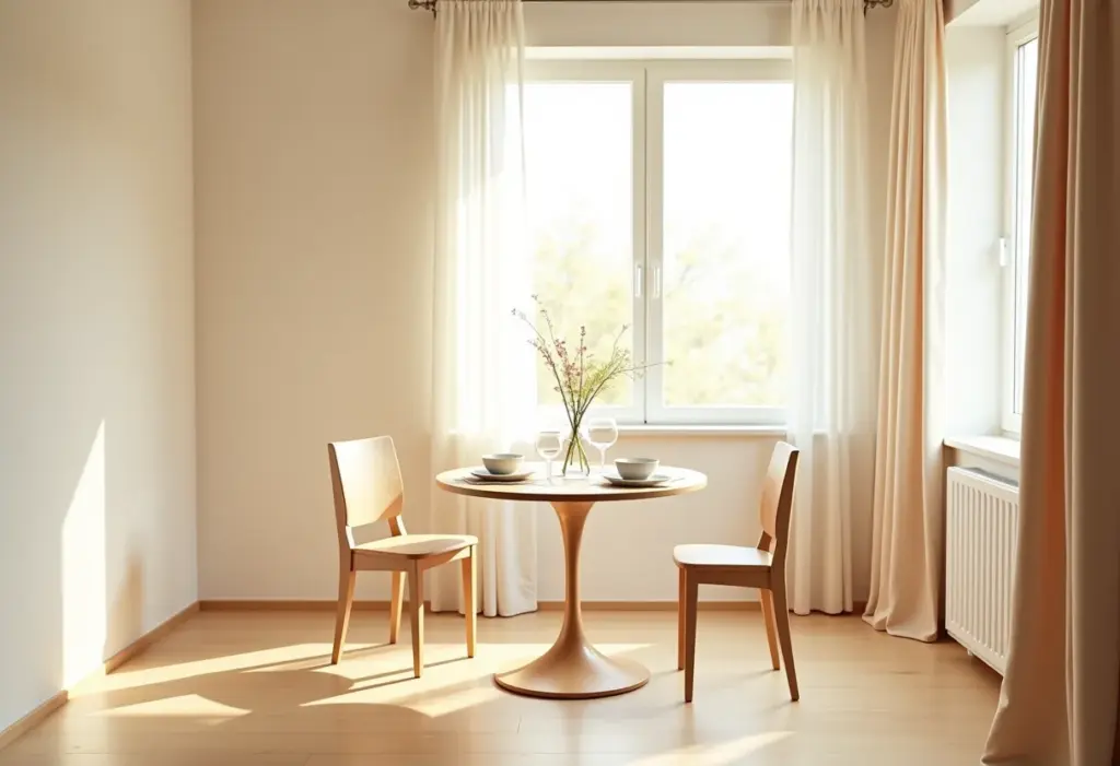 Sala de jantar pequena e bem iluminada com mesa redonda