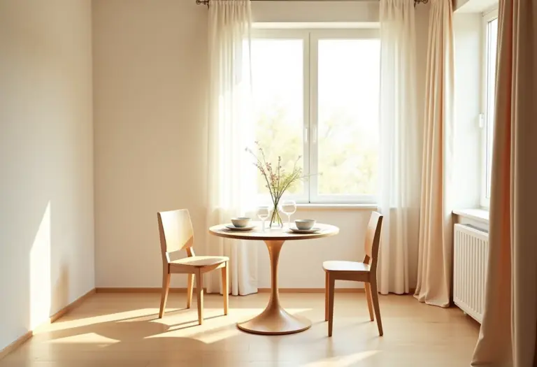 Sala de jantar pequena e bem iluminada com mesa redonda