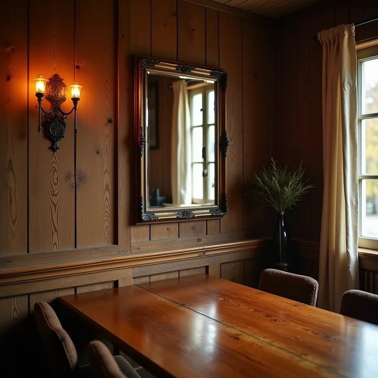 Sala de jantar rústica com espelho vintage e detalhes em madeira
