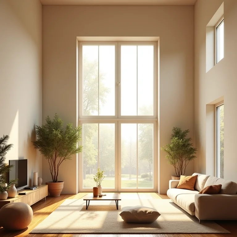 Sala iluminada com pé direito duplo e janelas amplas