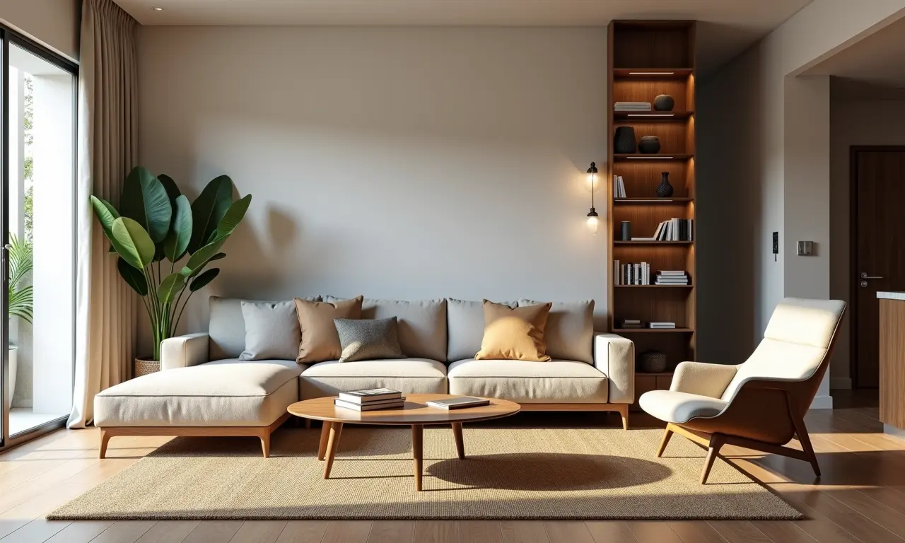 Sala multifuncional com espaço de trabalho integrado.