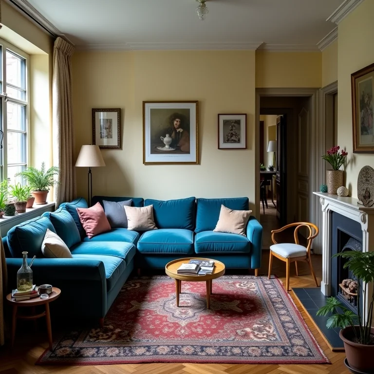 Sala pequena com sofá azul e decoração desproporcional