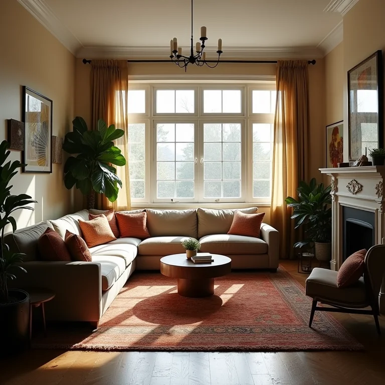 Sala pequena com sofá azul grande, demonstrando a importância de considerar o tamanho do ambiente