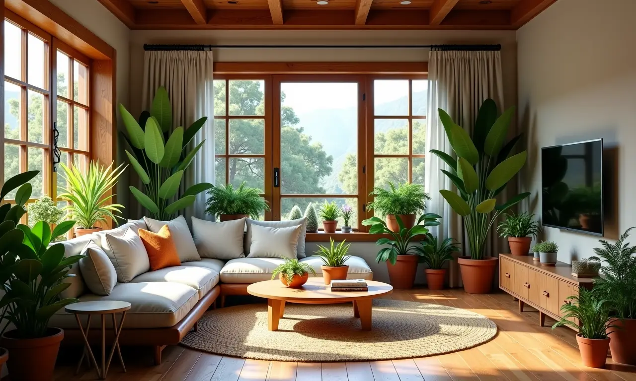 Sala rústica com diversas plantas em vasos, dando vida e cor ao espaço.