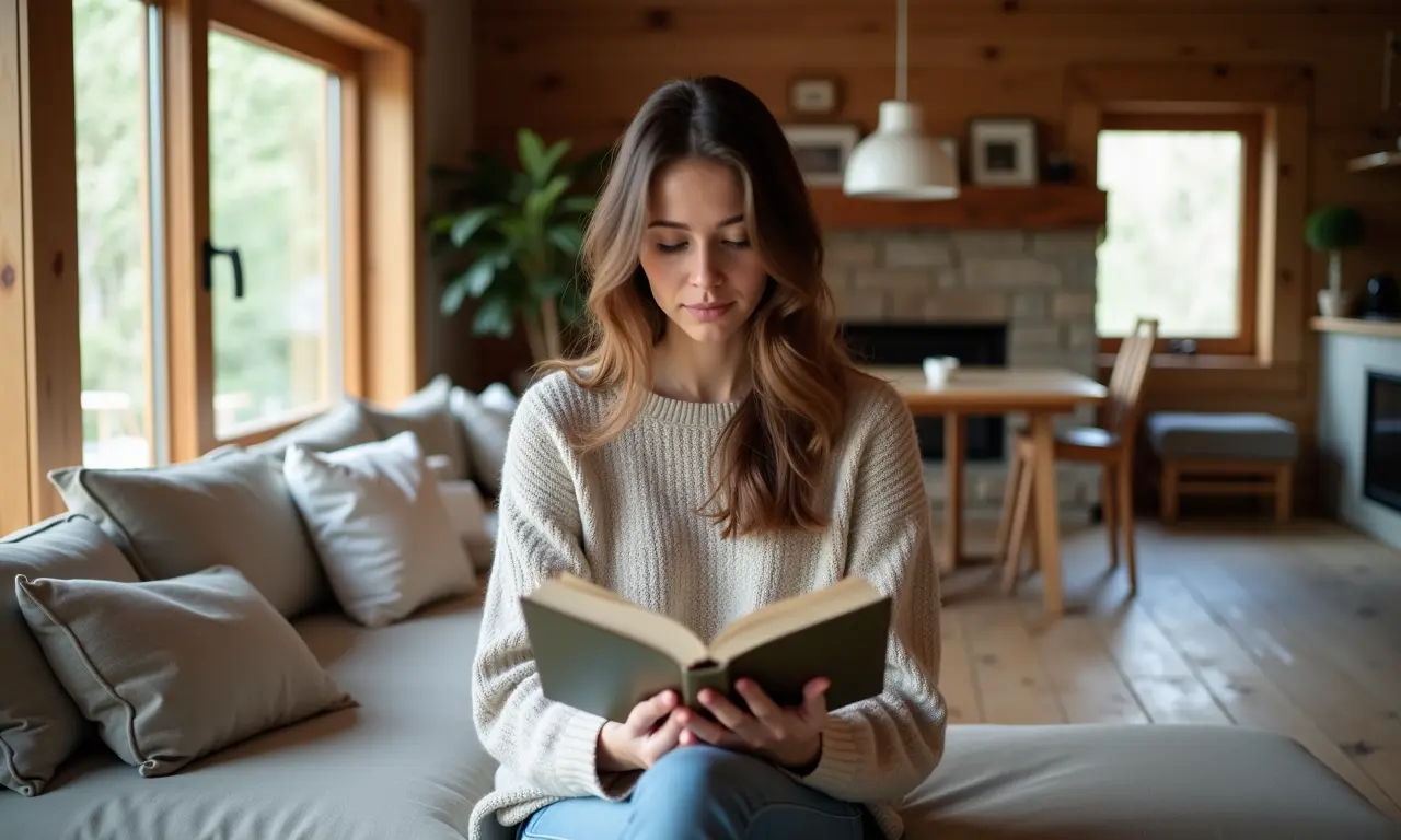 Sala rústica com elementos escandinavos, madeira clara e decoração minimalista.