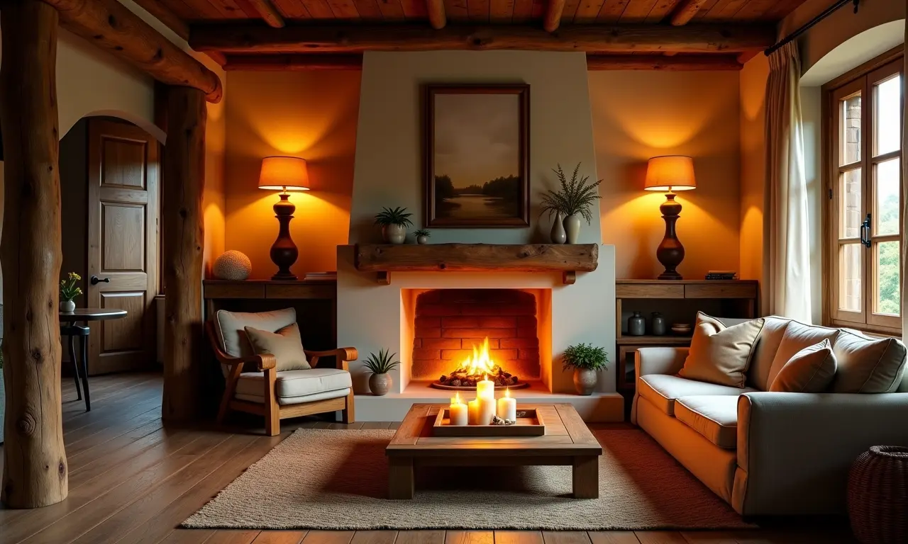 Sala rústica com iluminação quente de luminárias e velas, criando ambiente acolhedor.