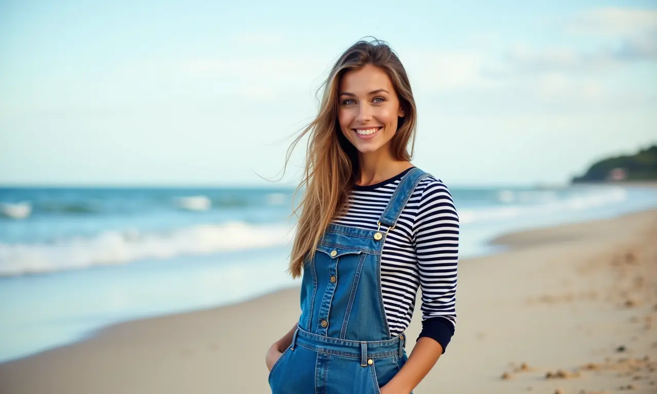 Salopete jeans com blusa listrada em praia na Bahia.