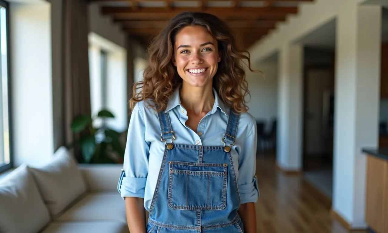 Salopete jeans com camisa social em apartamento moderno.