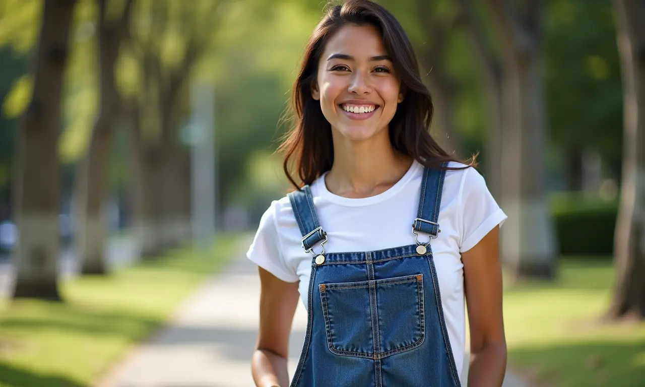 Salopete jeans com camiseta básica branca em parque no Rio de Janeiro.