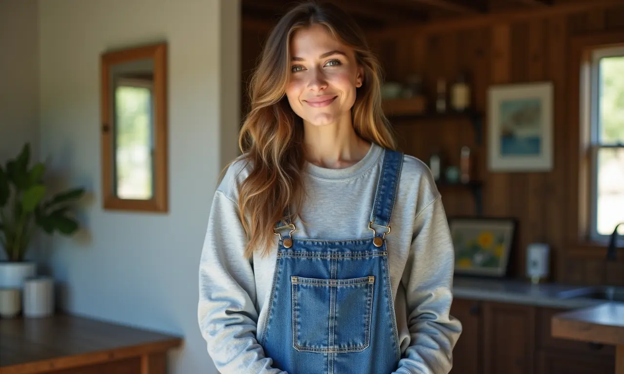 Salopete jeans com moletom cinza em ambiente Farm Rio.