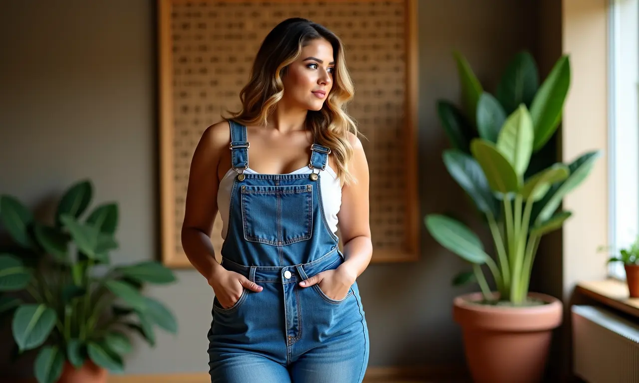 Salopete jeans valorizando as curvas do corpo feminino.