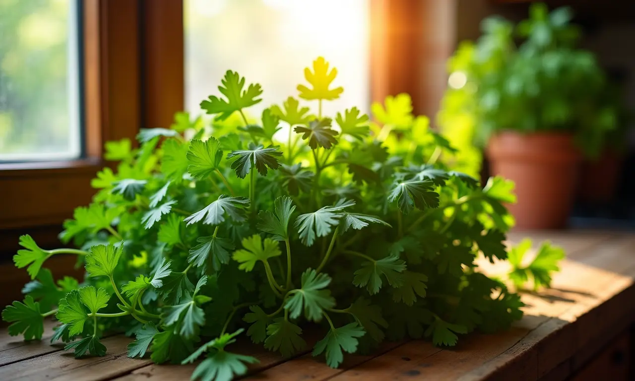 Salsinha vibrante crescendo em cozinha brasileira ensolarada.