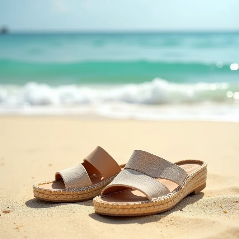 Sandálias confortáveis e espadrilles na praia.