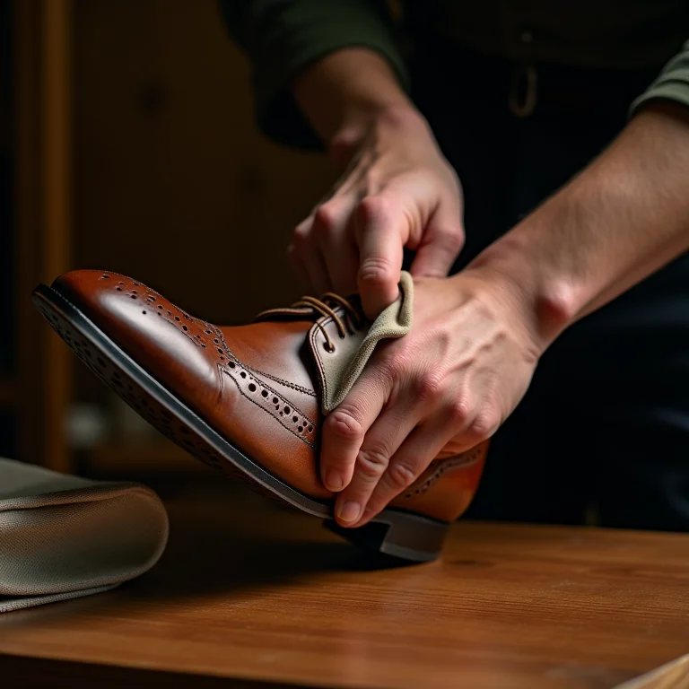 Sapato de couro sendo lustrado com pano macio