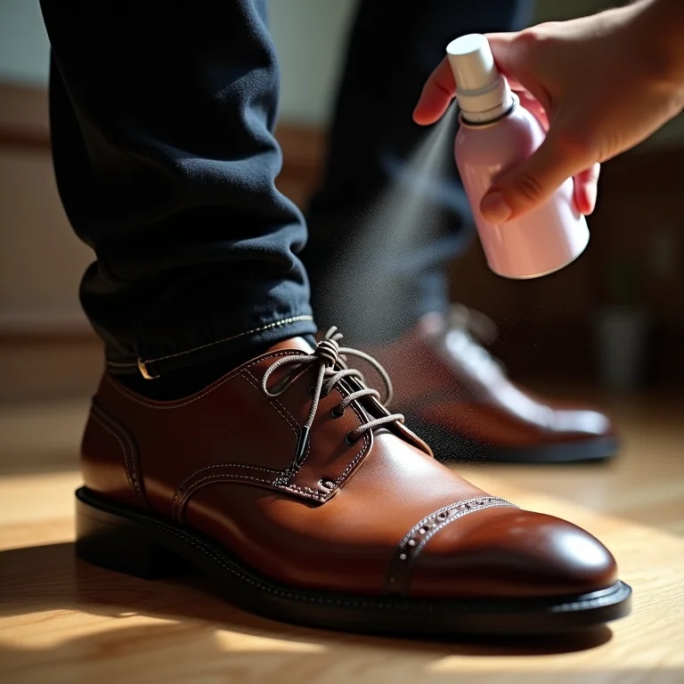 Sapato de couro sendo protegido contra umidade com spray