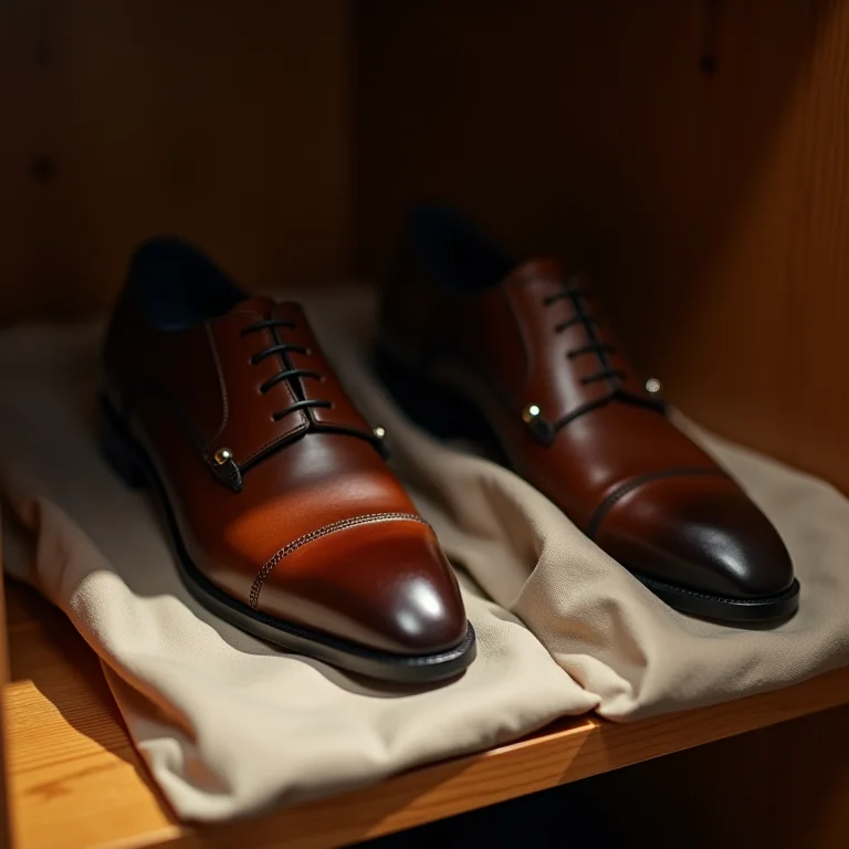 Sapatos de couro armazenados em sacos de proteção dentro de um armário