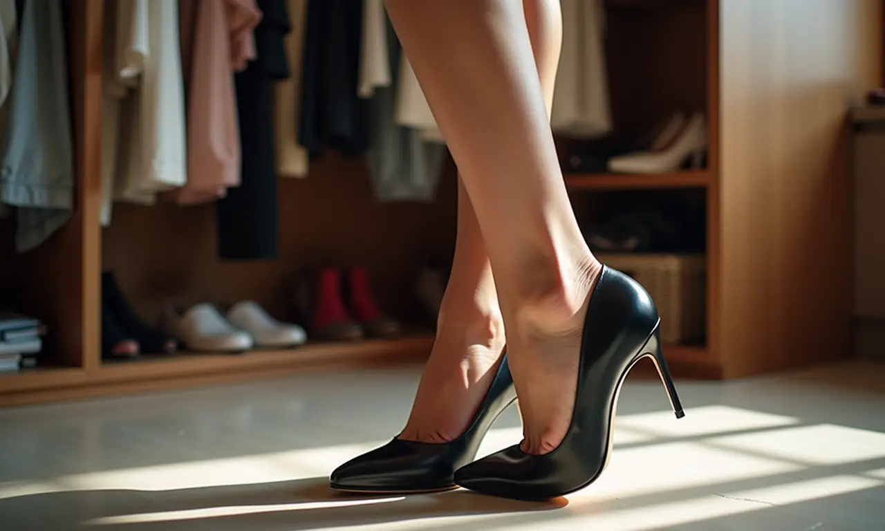 Scarpin clássico em closet cheio de roupas e sapatos em apartamento brasileiro.