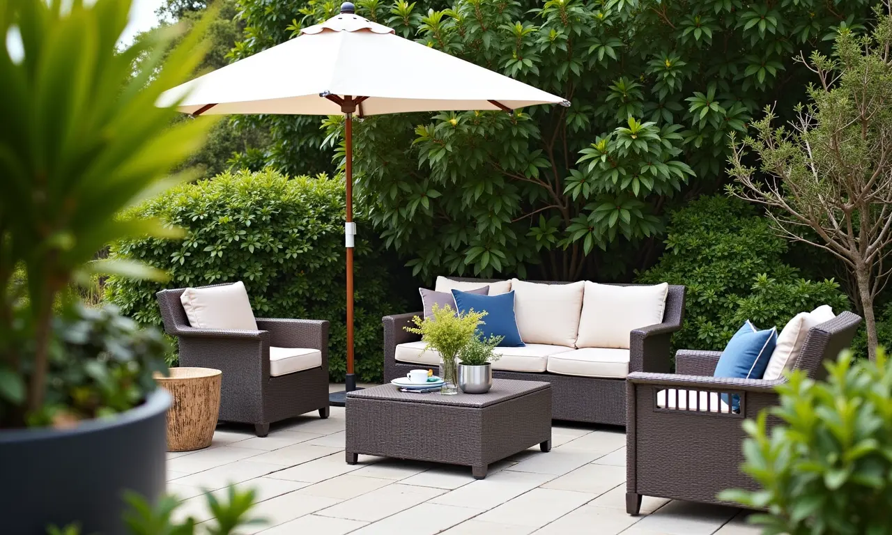 Seção de jardinagem da Leroy Merlin com móveis de exterior e plantas.