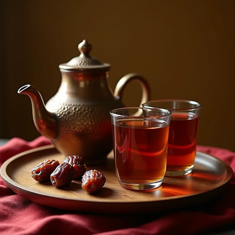 Seleção de chá marroquino tradicional e tâmaras em uma bandeja de madeira