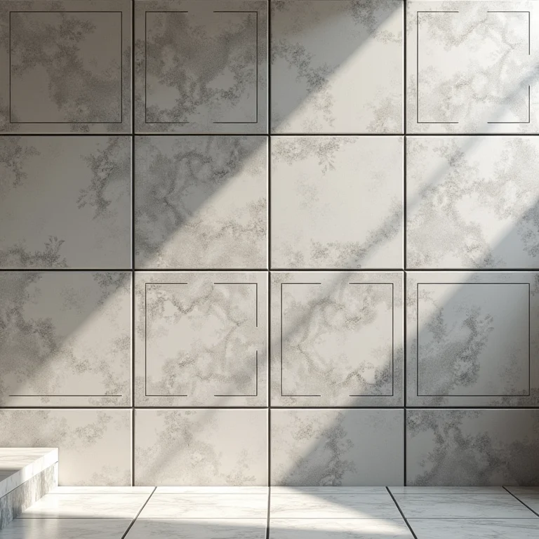 Seleção de revestimentos cerâmicos Portobello Shop em vários padrões e texturas cinzas.