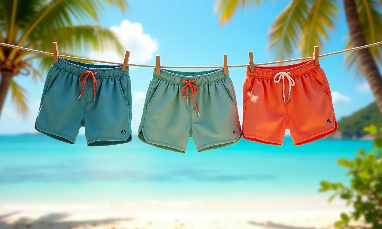 Shorts de tactel pendurados em um varal com praia tropical ao fundo.