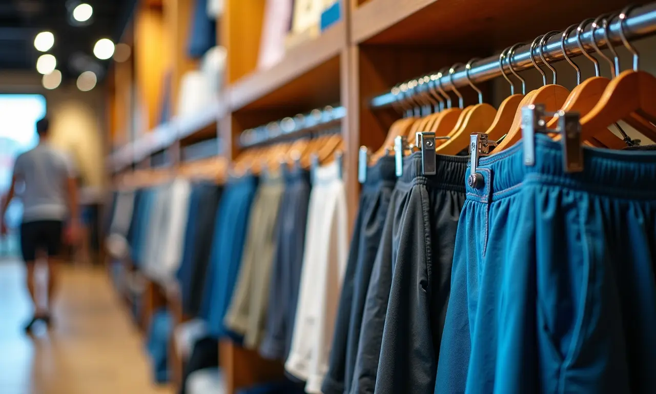 Shorts masculinos exibidos em uma loja boutique vibrante.