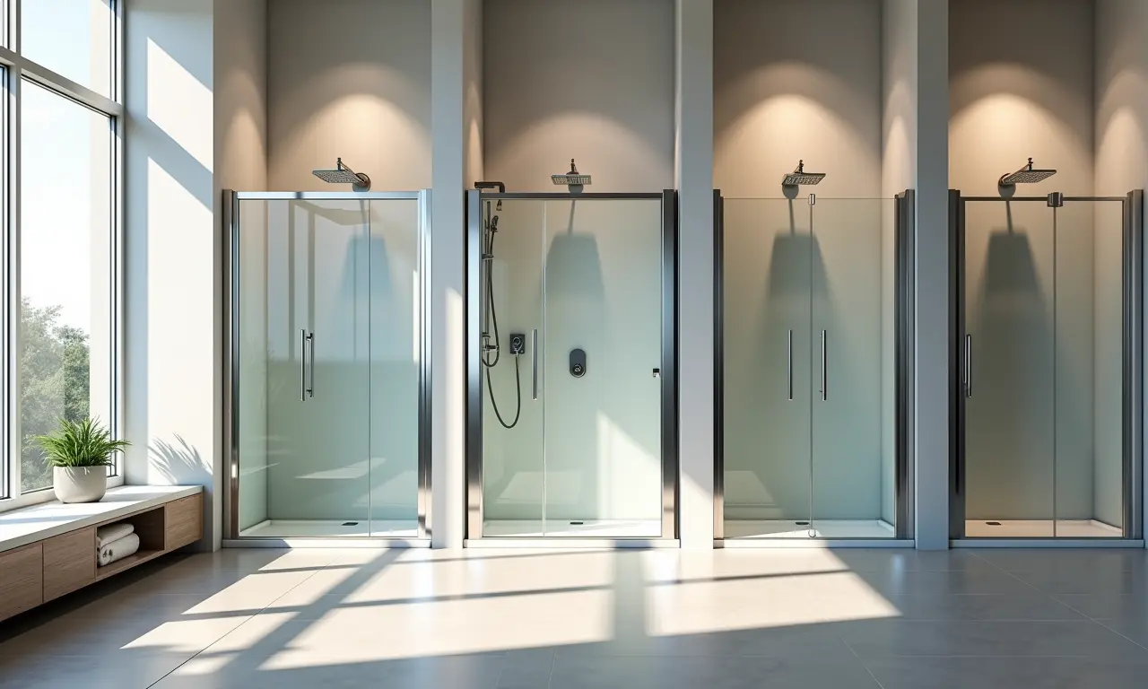 Showroom com diversos modelos de box até o teto de marcas diferentes.