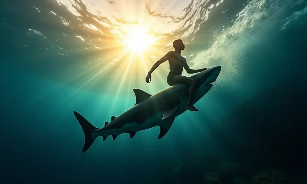 Silhueta de surfista sendo atacado por tubarão em cena subaquática dramática.