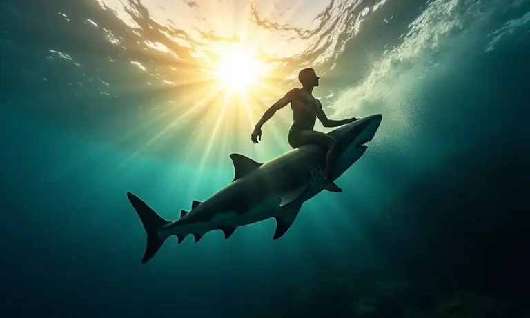 Silhueta de surfista sendo atacado por tubarão em cena subaquática dramática.