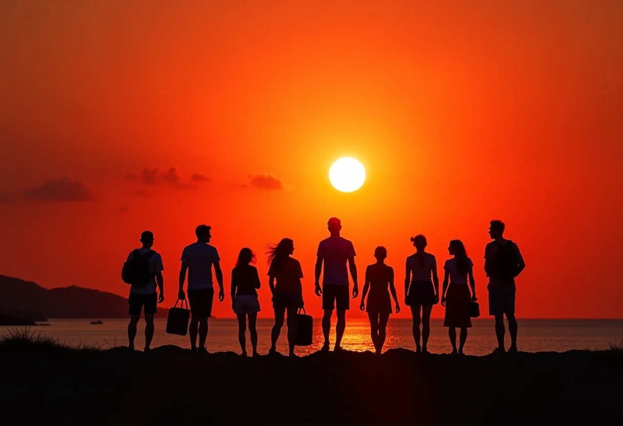 Silhueta de viajantes ao pôr do sol em ilha tropical