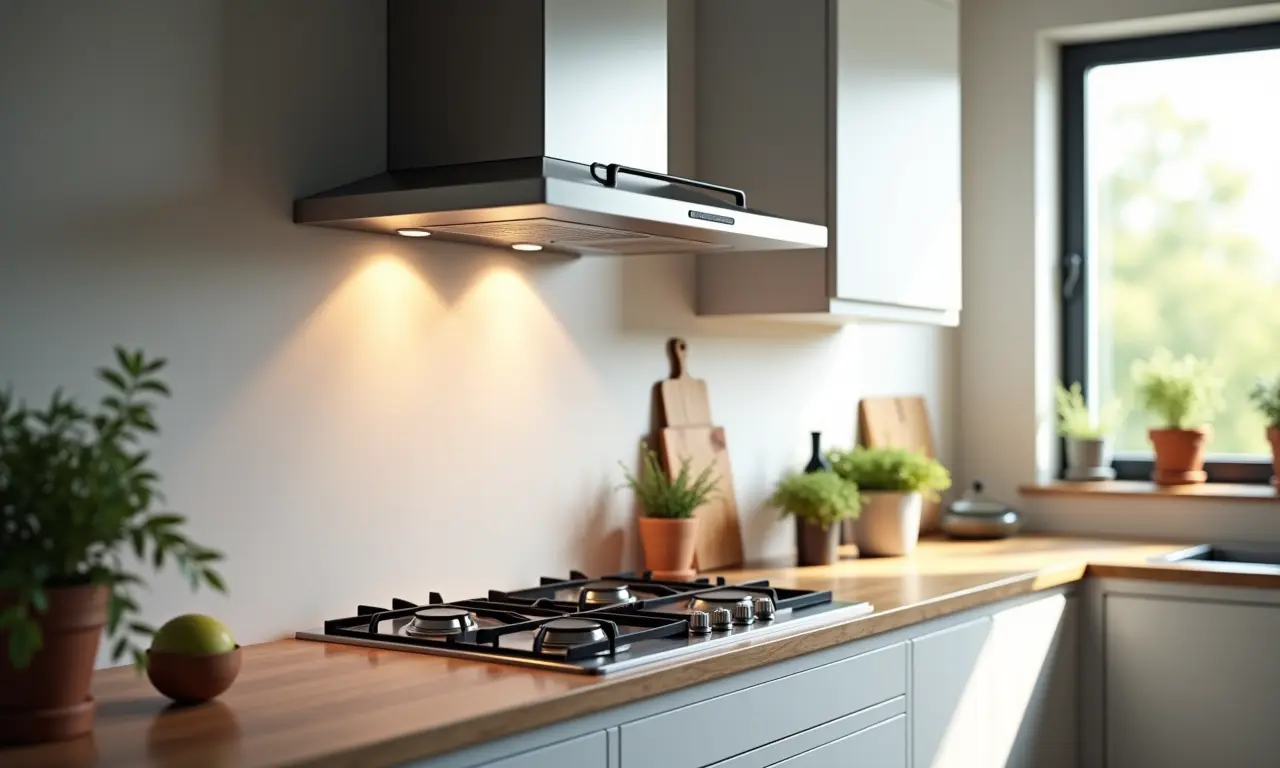 Sistema de exaustão moderno para evitar odores na cozinha americana integrada.