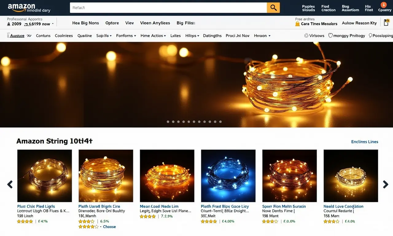 Site da Amazon exibindo seleção diversificada de varais de luzes.