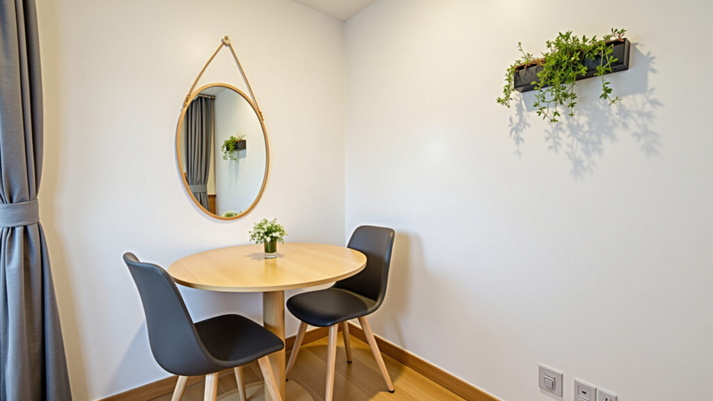 Small apartment dining area with a round 4-seater table, mirror on the wall, and mini vertical Mesa de jantar redonda 4 lugares em apartamento pequeno com espelho e jardim vertical.