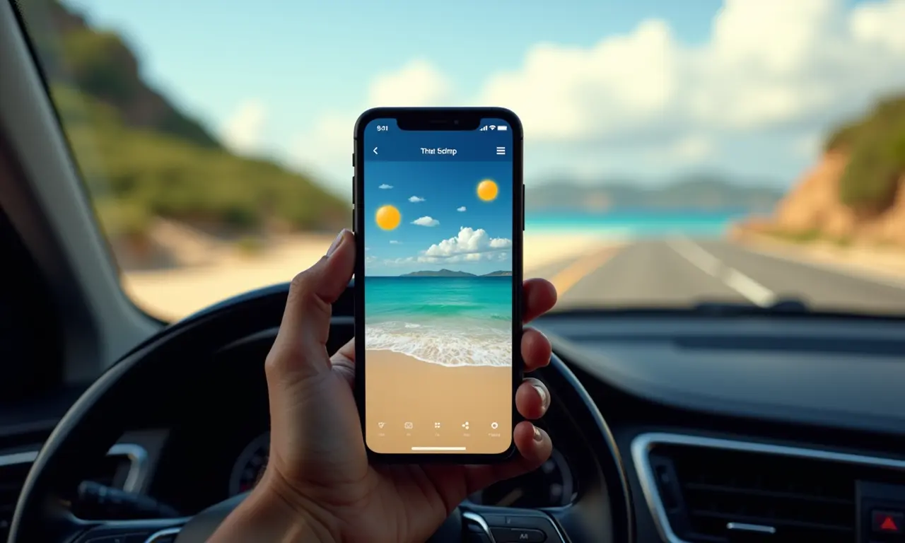 Smartphone exibindo previsão do tempo ensolarado em estrada costeira.