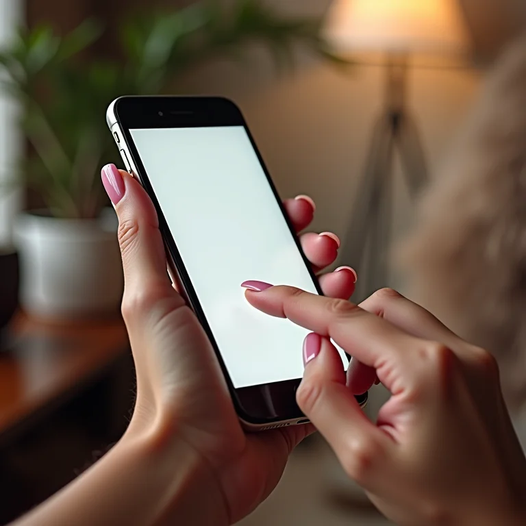 Smartphone mostrando avaliações de esmaltes, com uma mão navegando.