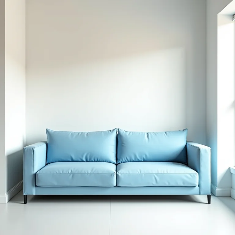Sofá azul claro em sala pequena, demonstrando o uso de cores claras para ampliar o espaço