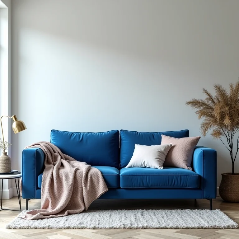 Sofá azul com acessórios decorativos