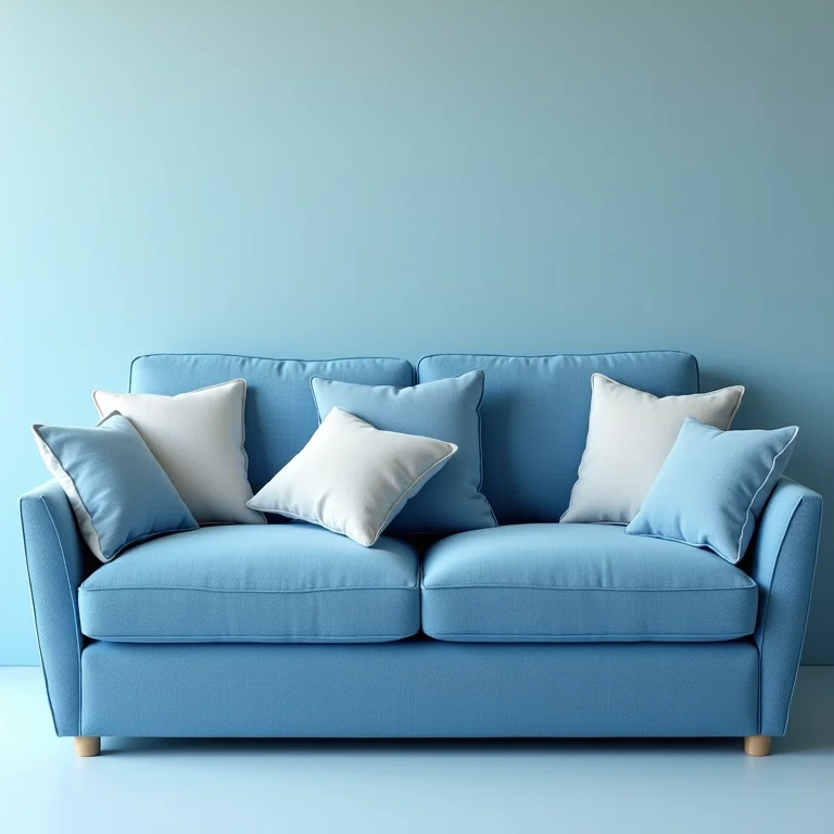 Sofá azul com almofadas descombinadas, enfatizando a importância da escolha e disposição