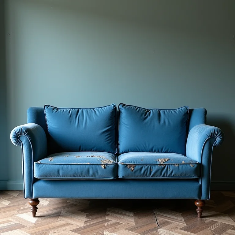 Sofá azul com tecido inadequado e desgastado