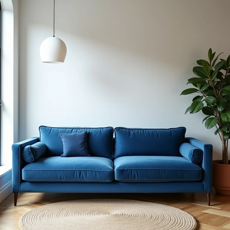 Sofá azul em ambiente com decoração não harmoniosa