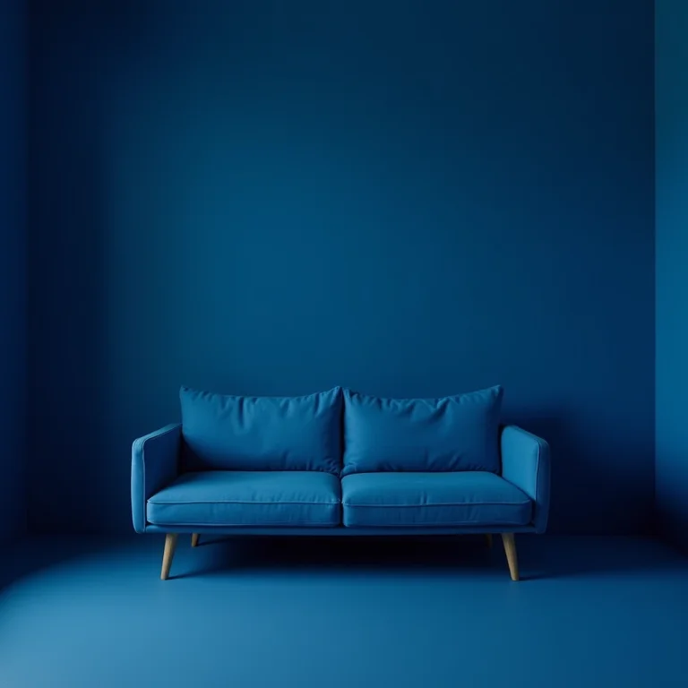 Sofá azul em ambiente mal iluminado, ilustrando a escolha inadequada da tonalidade