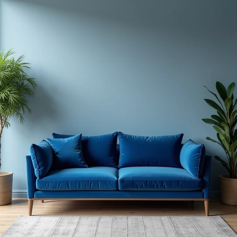 Sofá azul em um ambiente com decoração conflitante, demonstrando a falta de harmonia