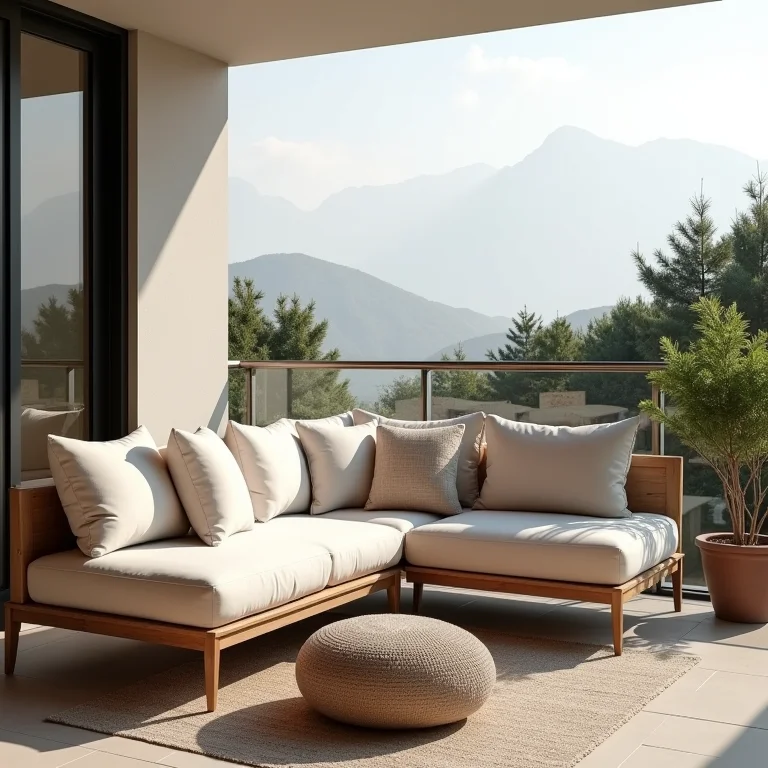 Sofá confortável em varanda gourmet para relaxar e conversar.