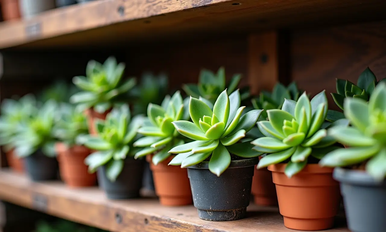 Suculentas artificiais de diferentes cores em uma prateleira, estilo brasileiro.
